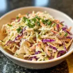 Bowl of classic coleslaw with shredded cabbage and dressing