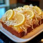 Coconut Lemon Loaf Cake with lemon glaze and coconut flakes on top