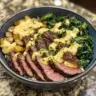 Creamy and delicious steak bowl topped with fresh vegetables