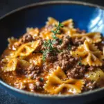 Creamy beef and bowtie pasta served in a white bowl with fresh herbs