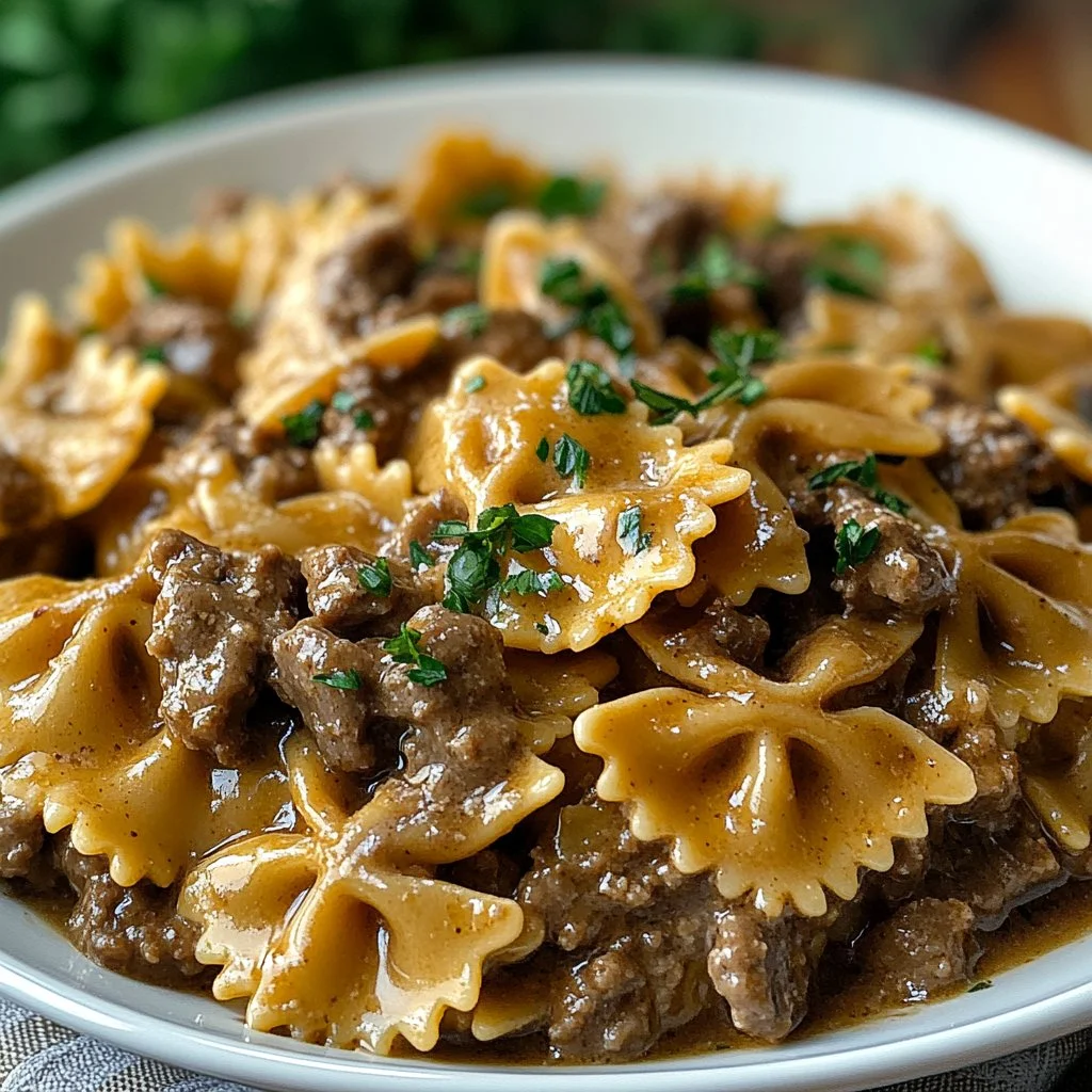 Creamy beef pasta dish garnished with herbs in a bowl