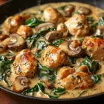Creamy Chicken Mushroom Spinach Skillet dish served in a frying pan