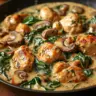 Creamy Chicken Mushroom Spinach Skillet dish served in a frying pan