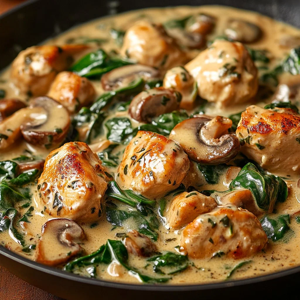 Creamy Chicken Mushroom Spinach Skillet dish served in a frying pan