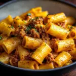 Creamy chorizo pasta in a bowl with herbs and parmesan cheese