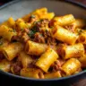 Creamy chorizo pasta in a bowl with herbs and parmesan cheese