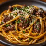 Delicious creamy Cowboy Butter Linguine with juicy steak bites and fresh spinach