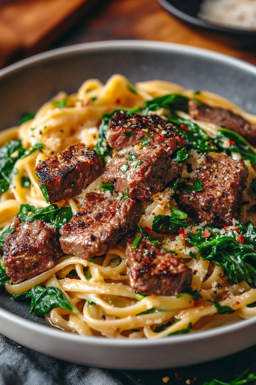 Creamy Cowboy Butter Linguine with Steak Bites & Spinach Recipe