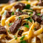 Creamy Cowboy Butter Linguine with steak bites and fresh spinach