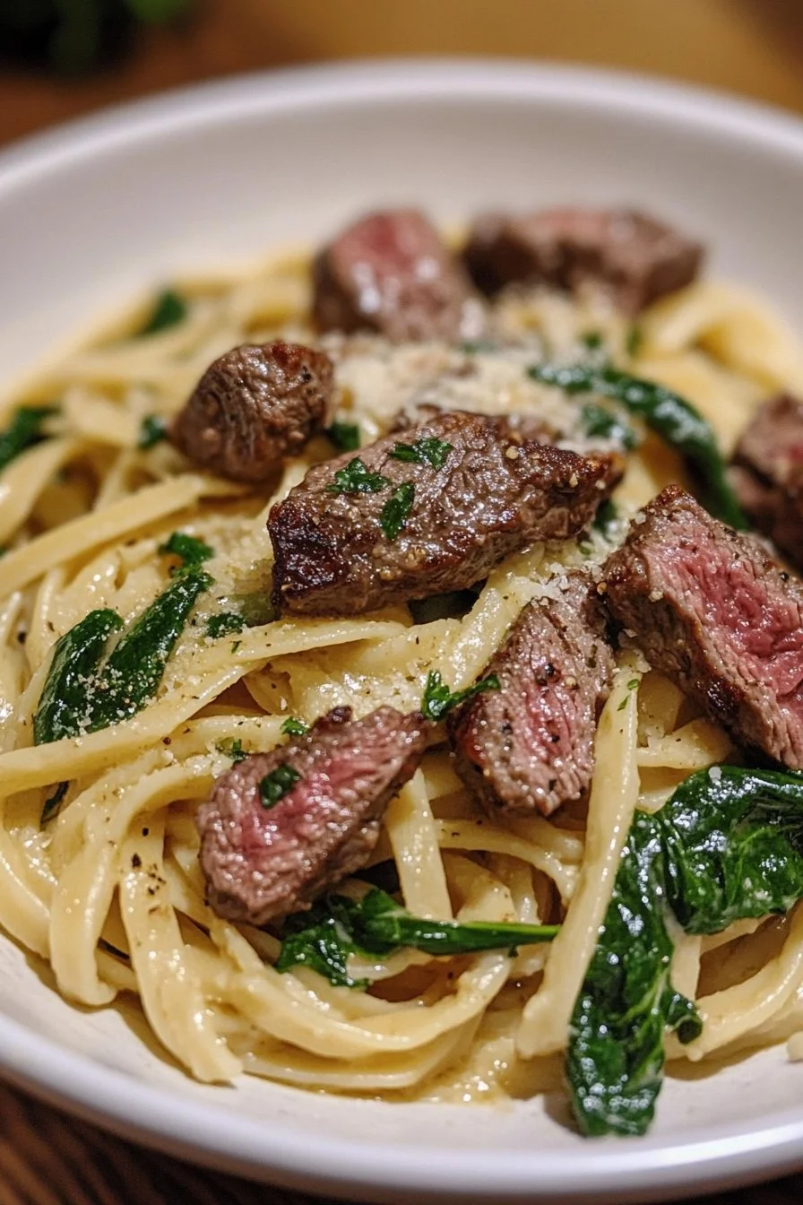 Creamy Cowboy Butter Linguine with Steak Bites & Spinach Recipe