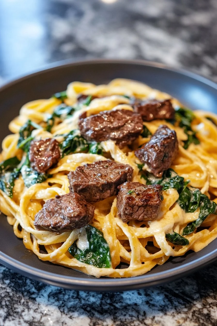 Creamy Cowboy Butter Linguine with Steak Bites & Spinach Recipe