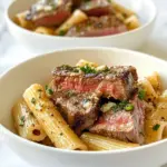Creamy garlic butter steak rigatoni topped with parsley and Parmesan cheese