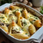 Creamy garlic mushroom stuffed shells ready to serve