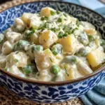 Creamy green bean potato salad in a dish, garnished with herbs.