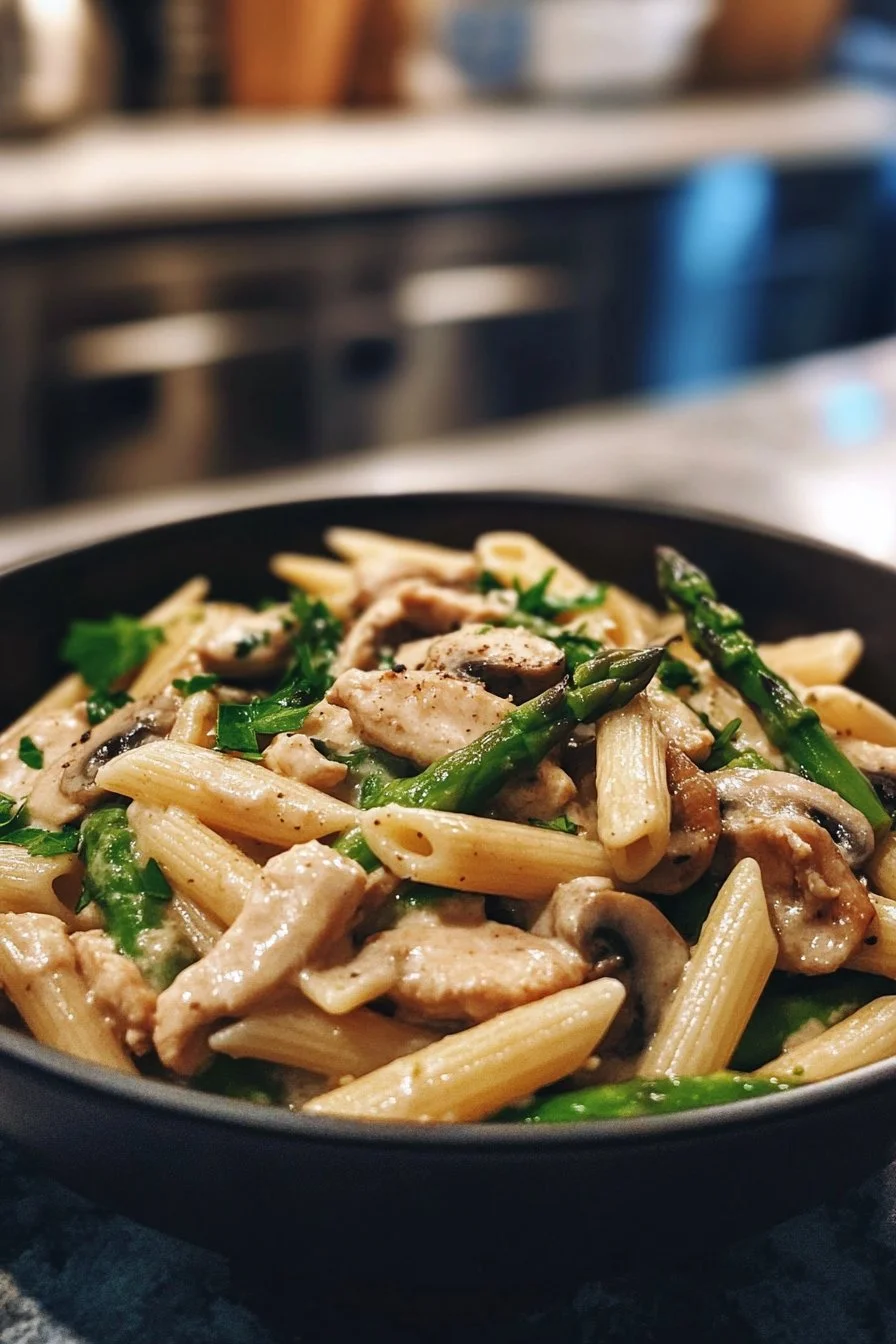 Creamy Mushroom and Asparagus Chicken Penne