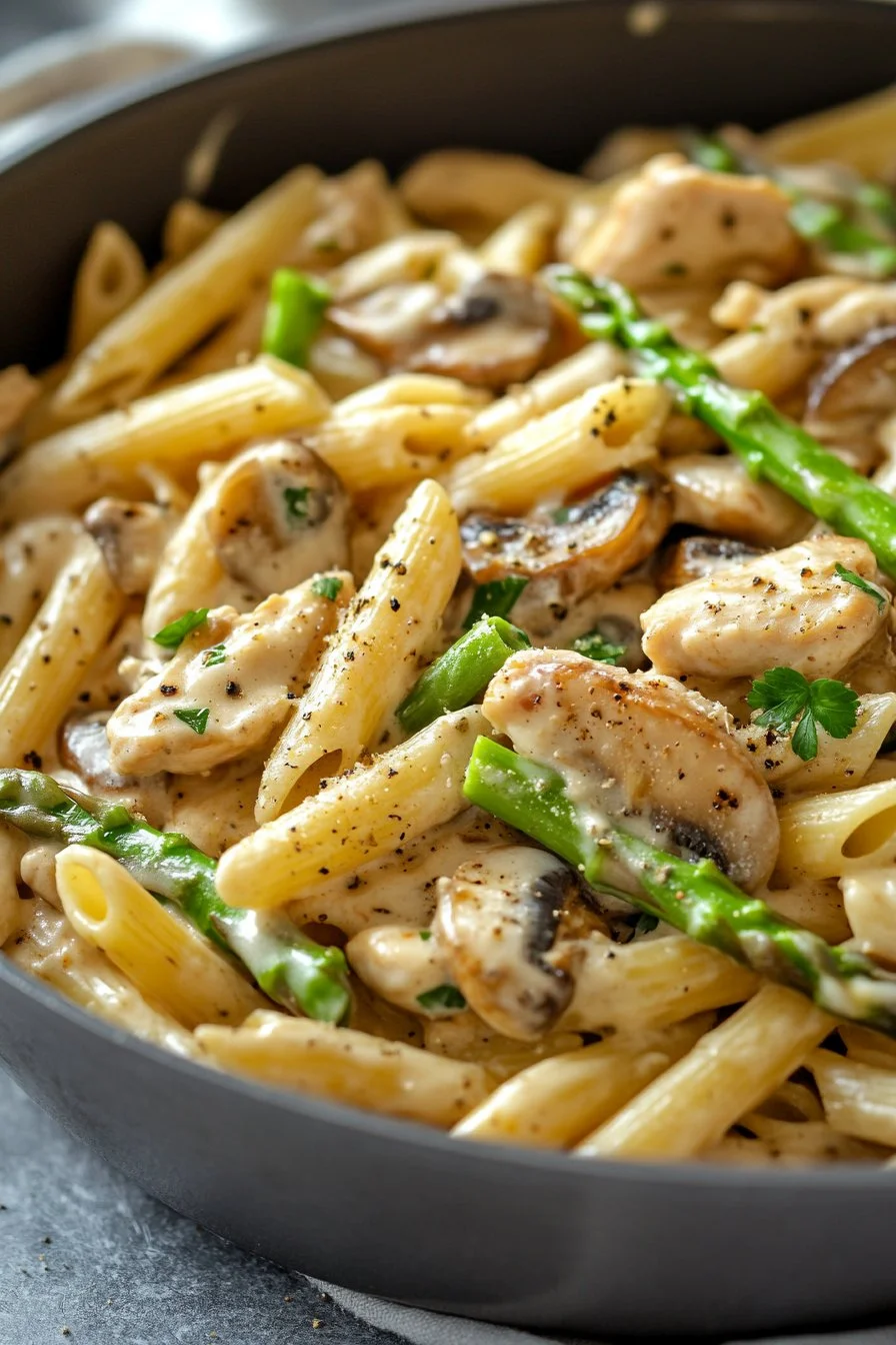 Creamy Mushroom and Asparagus Chicken Penne
