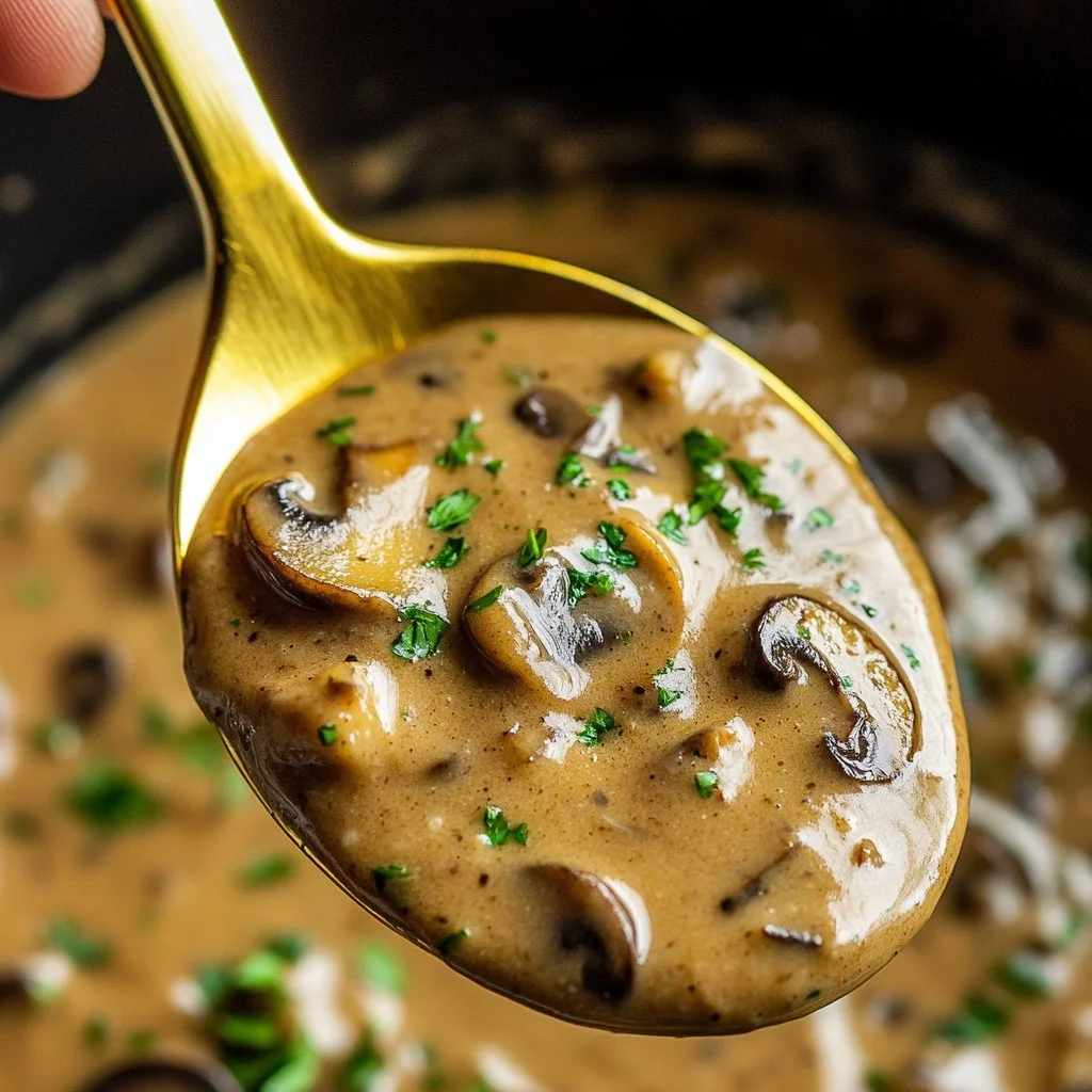 Delicious creamy mushroom sauce in a bowl garnished with fresh herbs
