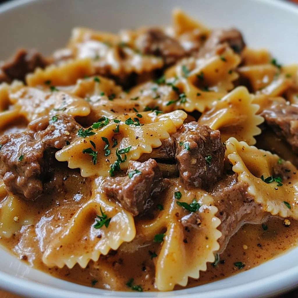 Creamy Parmesan garlic beef bowtie pasta served on a plate