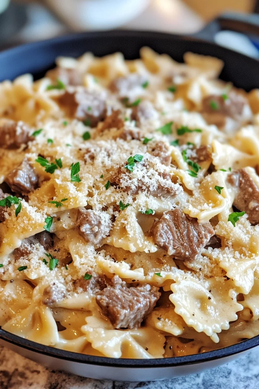 Creamy Parmesan Garlic Beef Bowtie Pasta