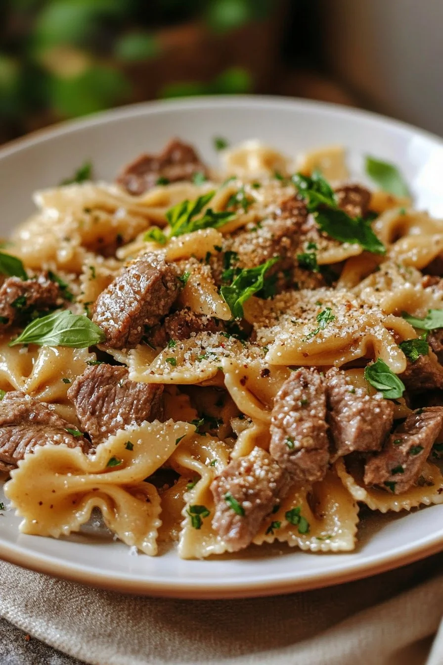 Creamy Parmesan Garlic Beef Bowtie Pasta