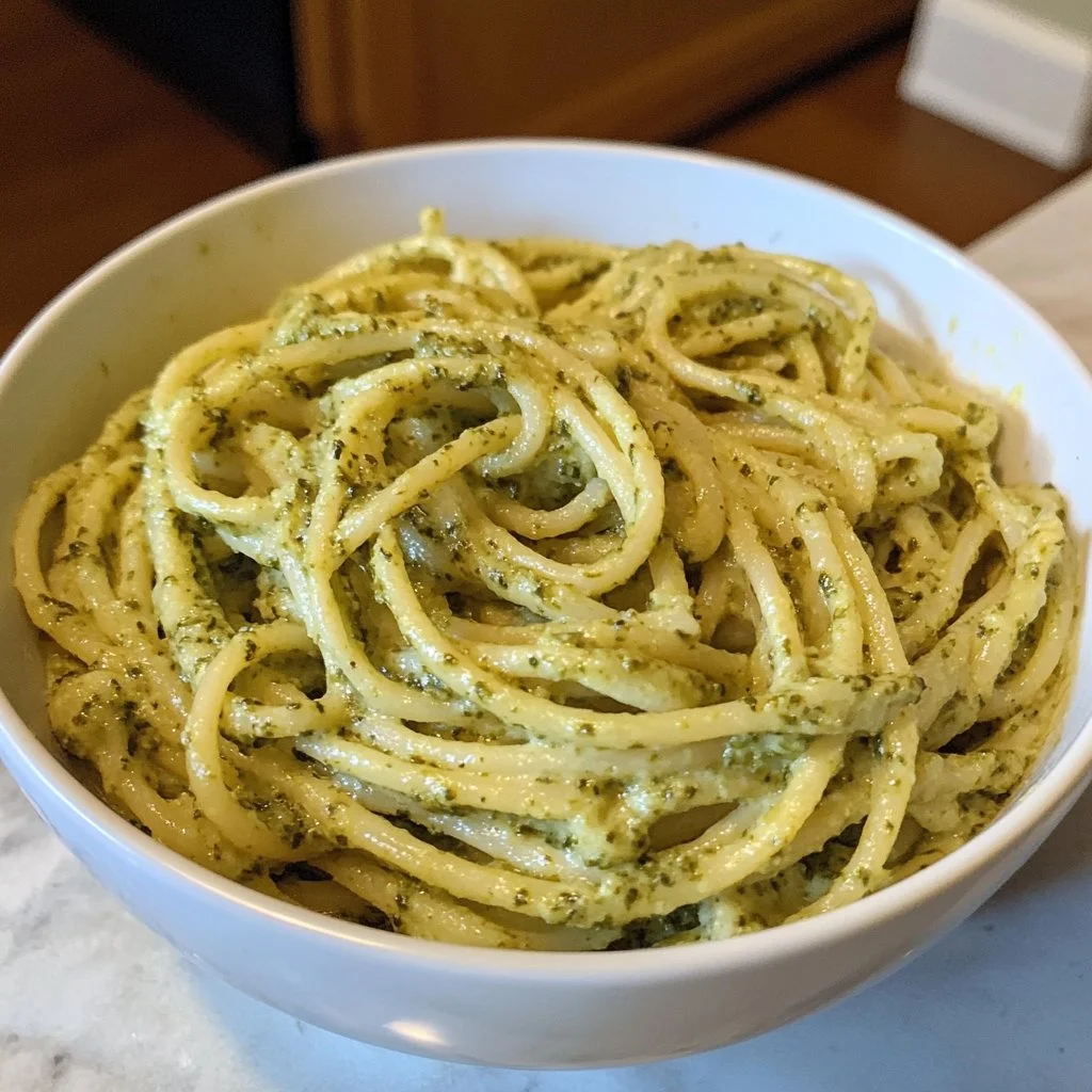 Bowl of creamy pesto pasta garnished with fresh basil and pine nuts