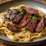 Delicious creamy steak pasta served in a bowl, garnished with herbs