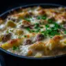 Creamy venison alfredo pasta bake served in a rustic dish