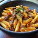 Creamy White Cheddar Cajun Steak Penne with spices and steak garnished