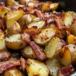 Crispy bacon honey roasted potatoes served in a bowl, garnished with herbs.
