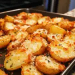 Crispy crunchy parmesan potatoes served on a plate with herbs