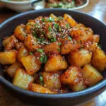 Crispy Korean potato dish served with dipping sauce on a wooden table.