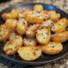 Plate of crispy Parmesan potatoes garnished with herbs