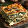 Delicious creamy spinach mushroom lasagna served in a casserole dish