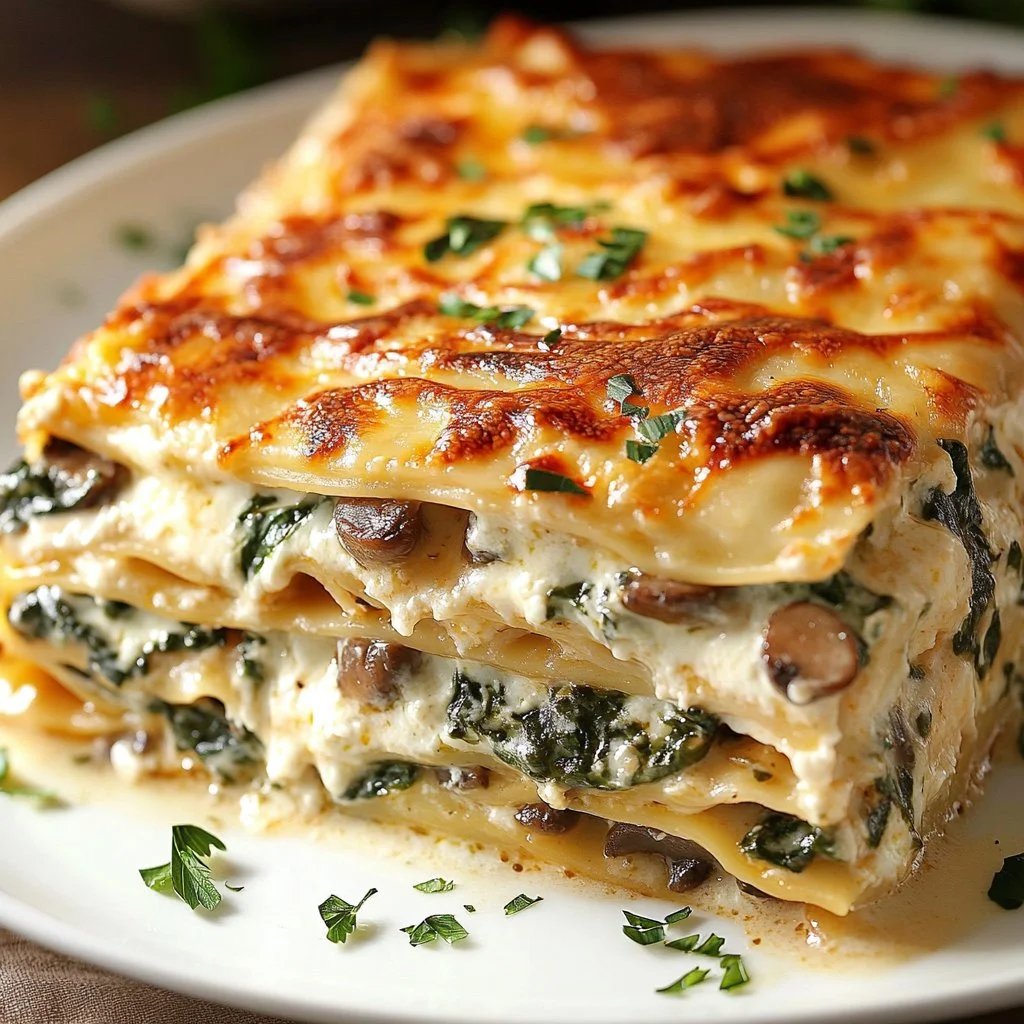 Delicious spinach mushroom lasagna baked to perfection with creamy sauce