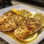 Delicious easy lemon pepper chicken dinner served with lemon wedges and herbs.