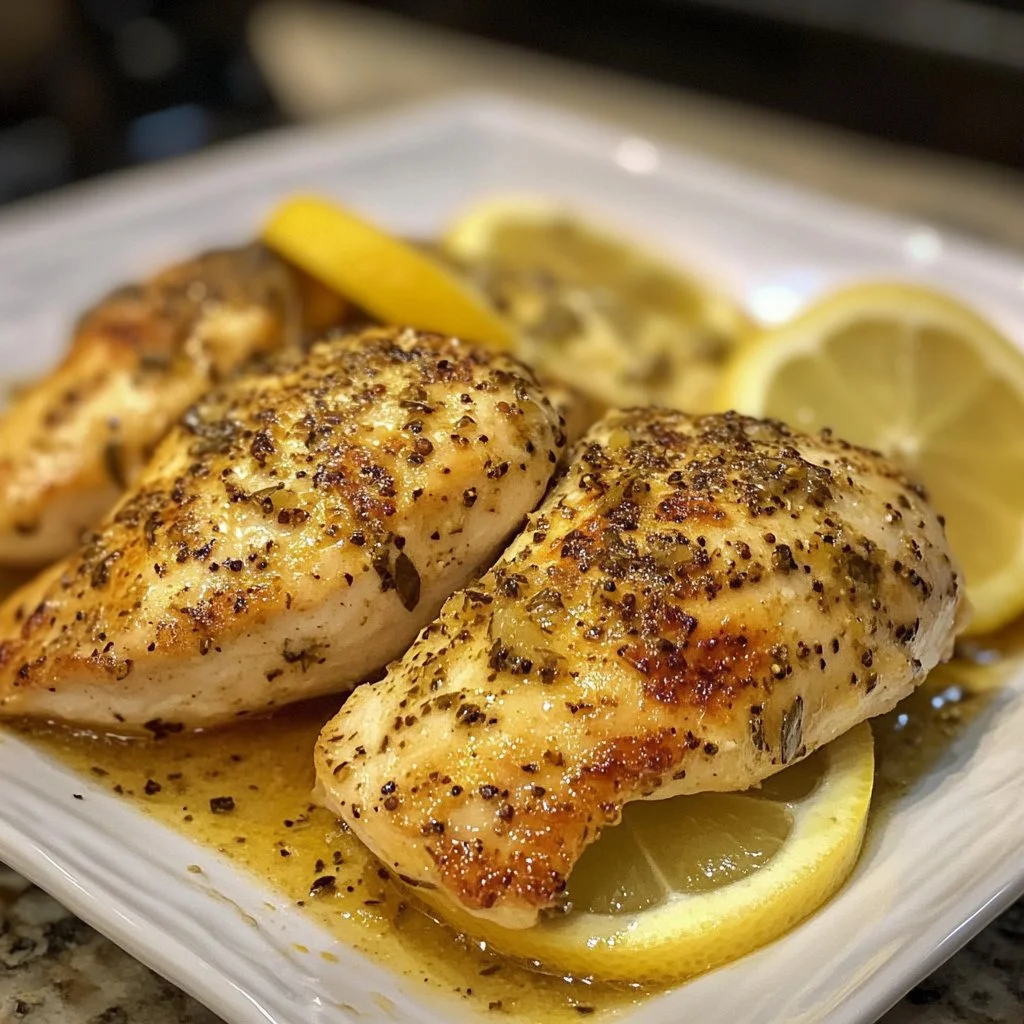 Delicious easy lemon pepper chicken dinner served with lemon wedges and herbs.