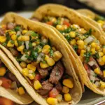 Easy steak tacos with street corn topping served on a plate