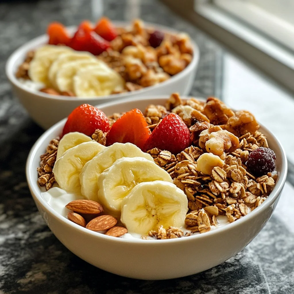 Delicious yogurt granola bowls topped with fresh fruit and nuts