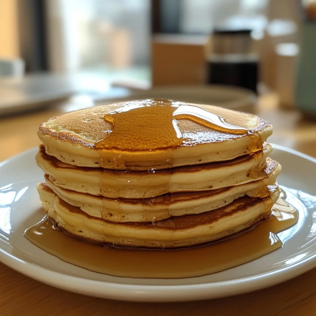 Stack of light and fluffy pancakes topped with fresh berries and syrup