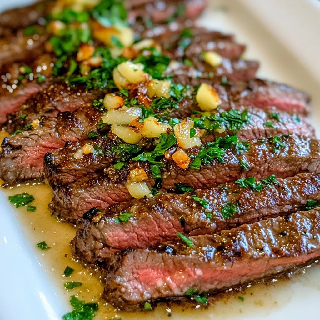 Delicious Garlic Butter Brazilian Steak served on a platter
