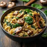 Plate of garlic butter orzo with mushrooms and spinach garnished with herbs