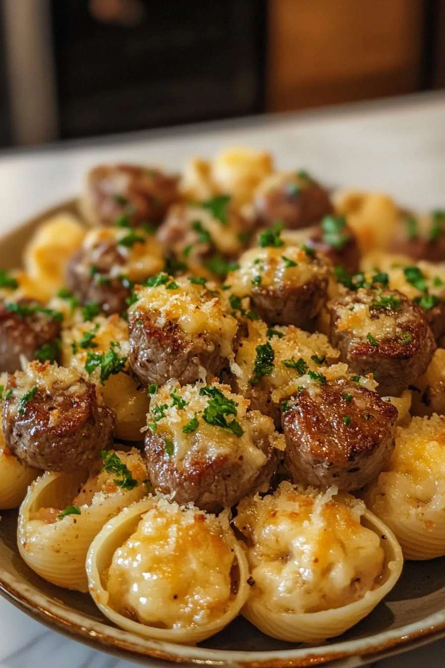 Garlic Butter Steak Bites & Creamy Parmesan Shells