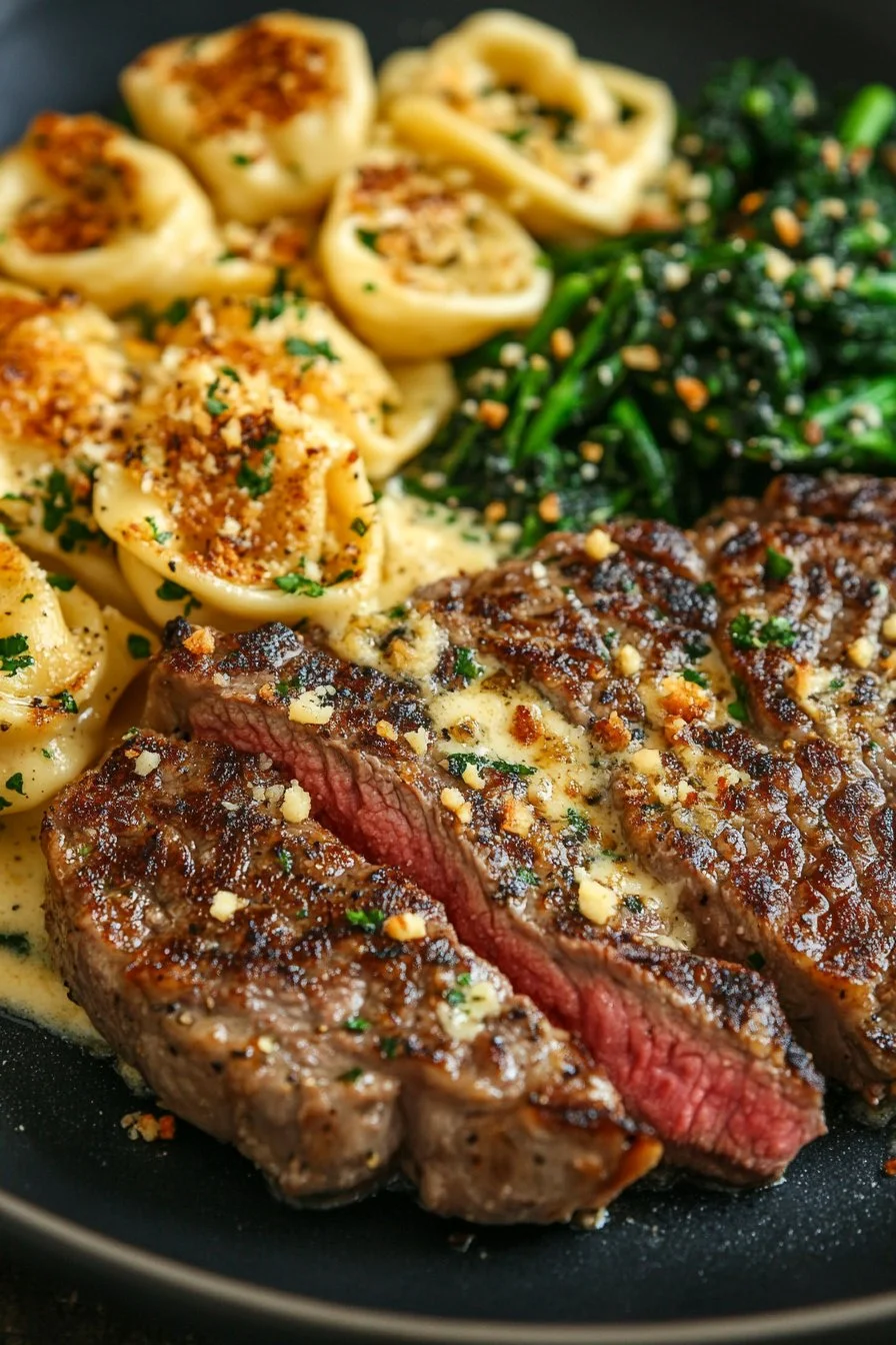 Garlic Butter Steak with Cheesy Alfredo Tortellini