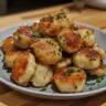 Delicious German potato dumplings served with sauce on a plate.