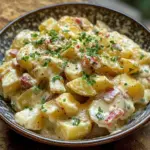 Bowl of traditional German Potato Salad with fresh herbs and dressing