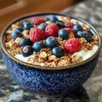 Greek yogurt granola bowl with fresh fruit and nuts