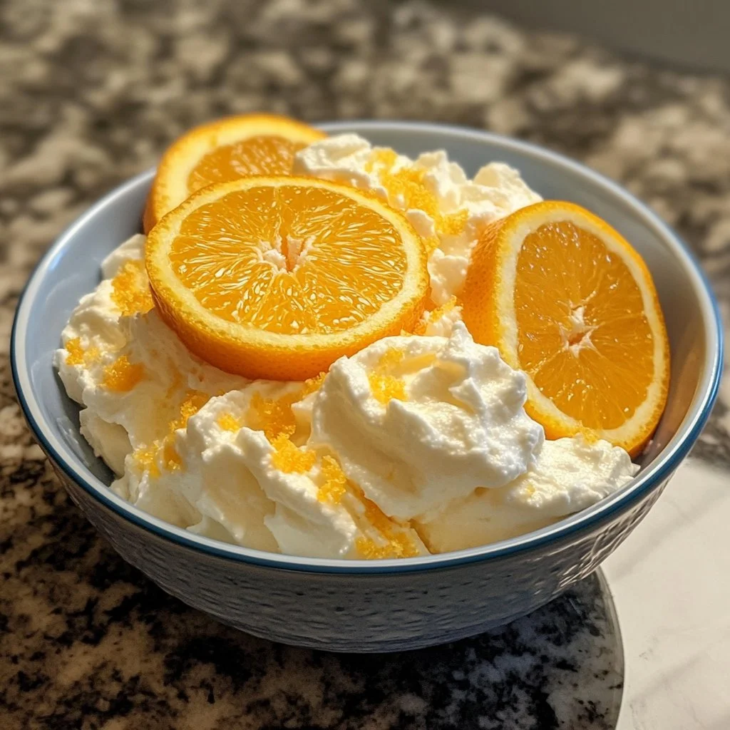 Greek yogurt orange fluff dessert in a bowl garnished with orange slices