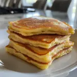 Delicious Greek Yogurt Pancakes stacked on a plate with fresh fruit