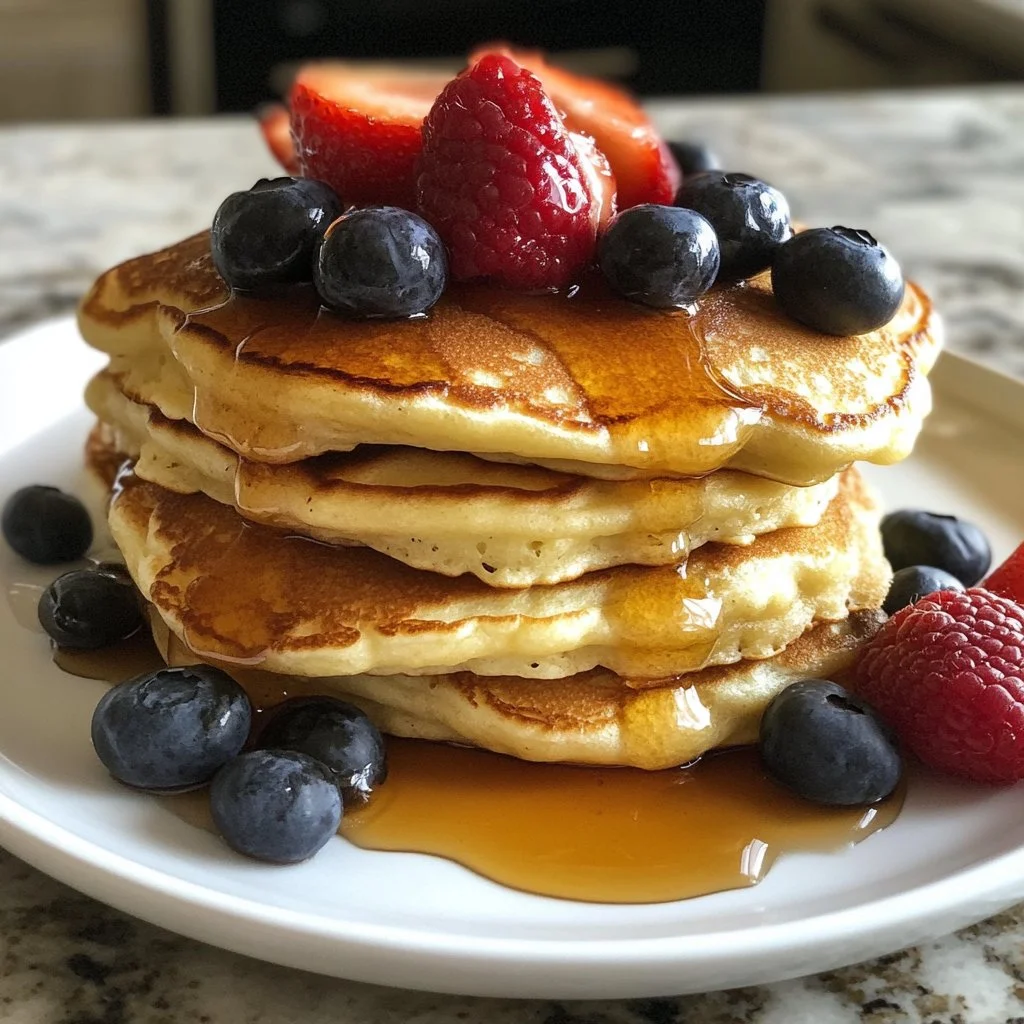 Fluffy Greek Yogurt Pancakes stacked on a plate with syrup and berries