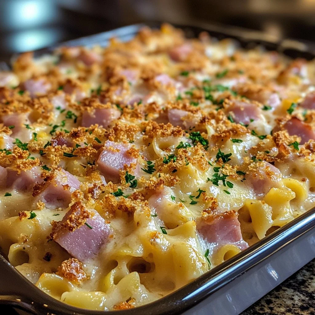 Delicious ham noodle casserole with cheese and leftover ham baked to perfection.